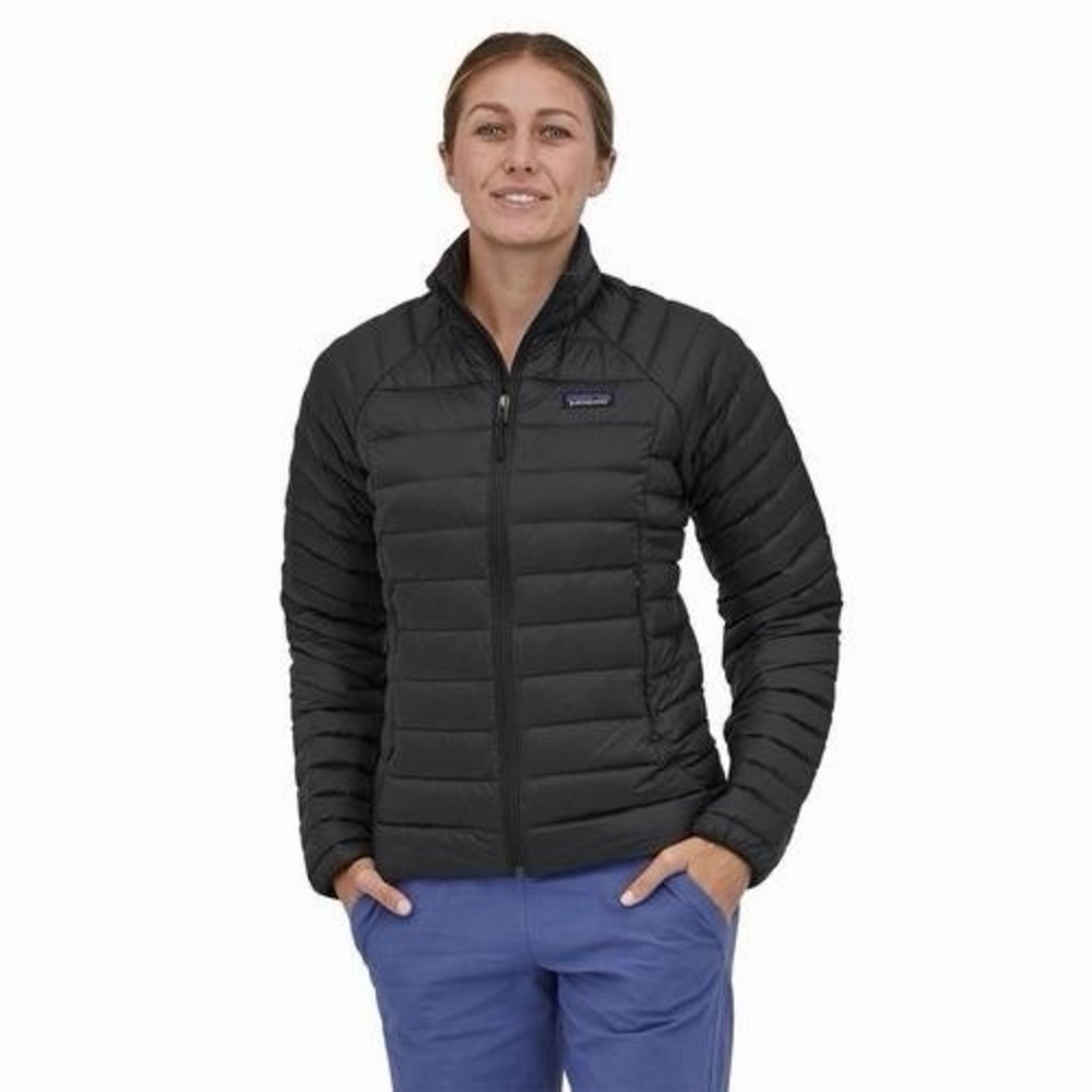 Patagonia Womens S Down Sweater Puffer Jacket Black Logo Outdoor Zip Quilted